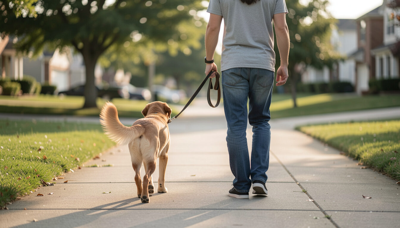 A dog walking on a loose leash beside a person seen from behind on a quiet suburban sidewalk in morning light with faces out of frame.