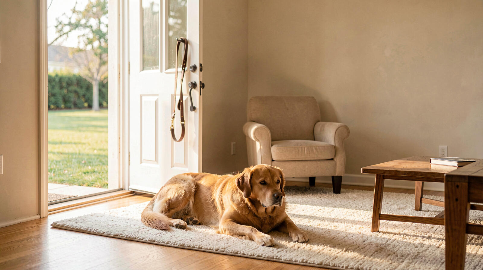 A calm dog resting on a wool rug beside an open doorway in a bright living room in morning light.