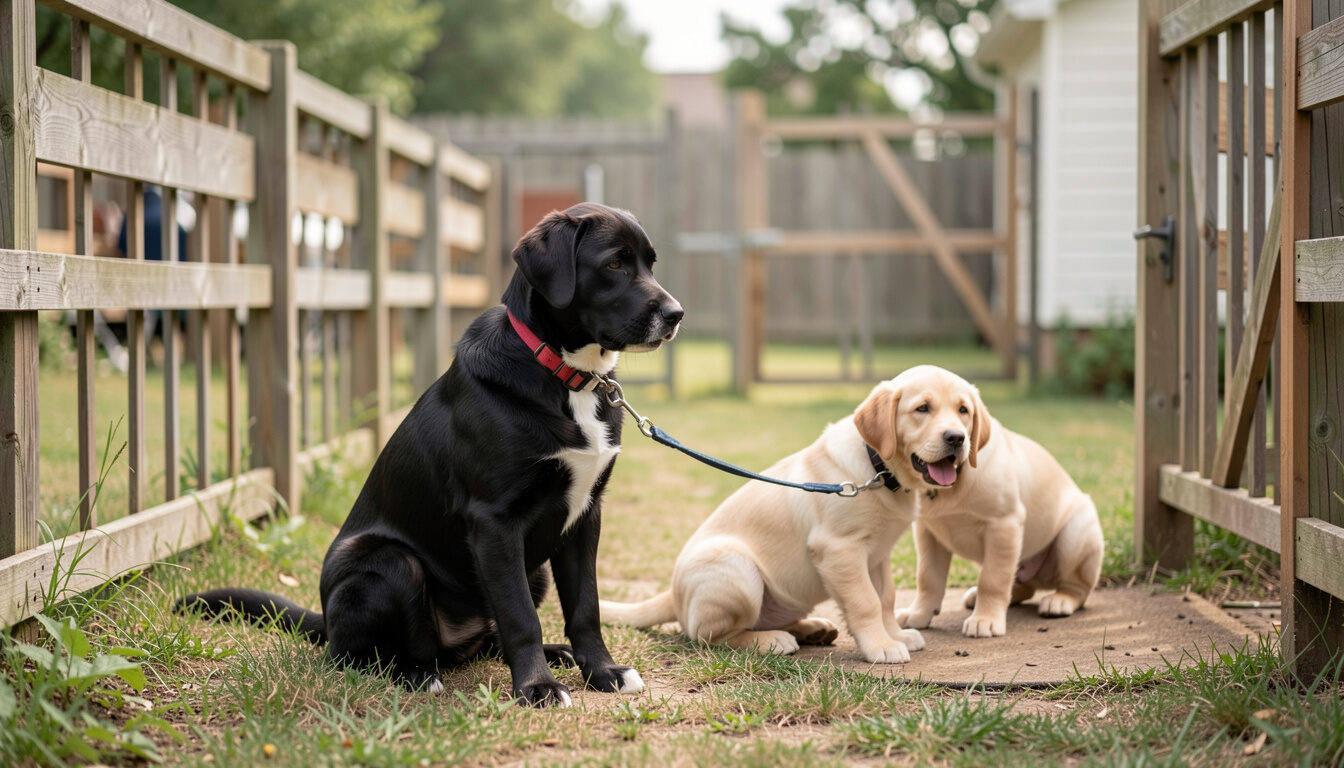 A black adult dog and a cream puppy sitting side by side on grass along a wooden garden fence.