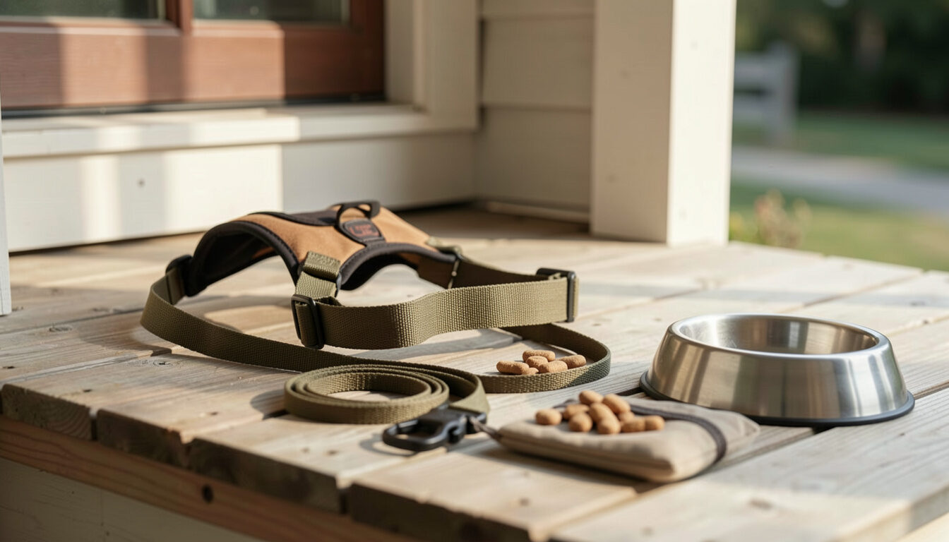 A dog harness, a coiled leash and a pouch of treats laid out on a wooden porch step beside a metal bowl.