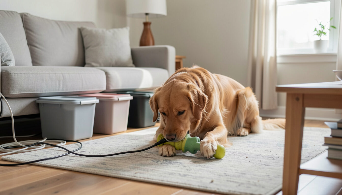 A tidy living room with secured cords and closed bins where a dog chews a rubber toy on a rug.