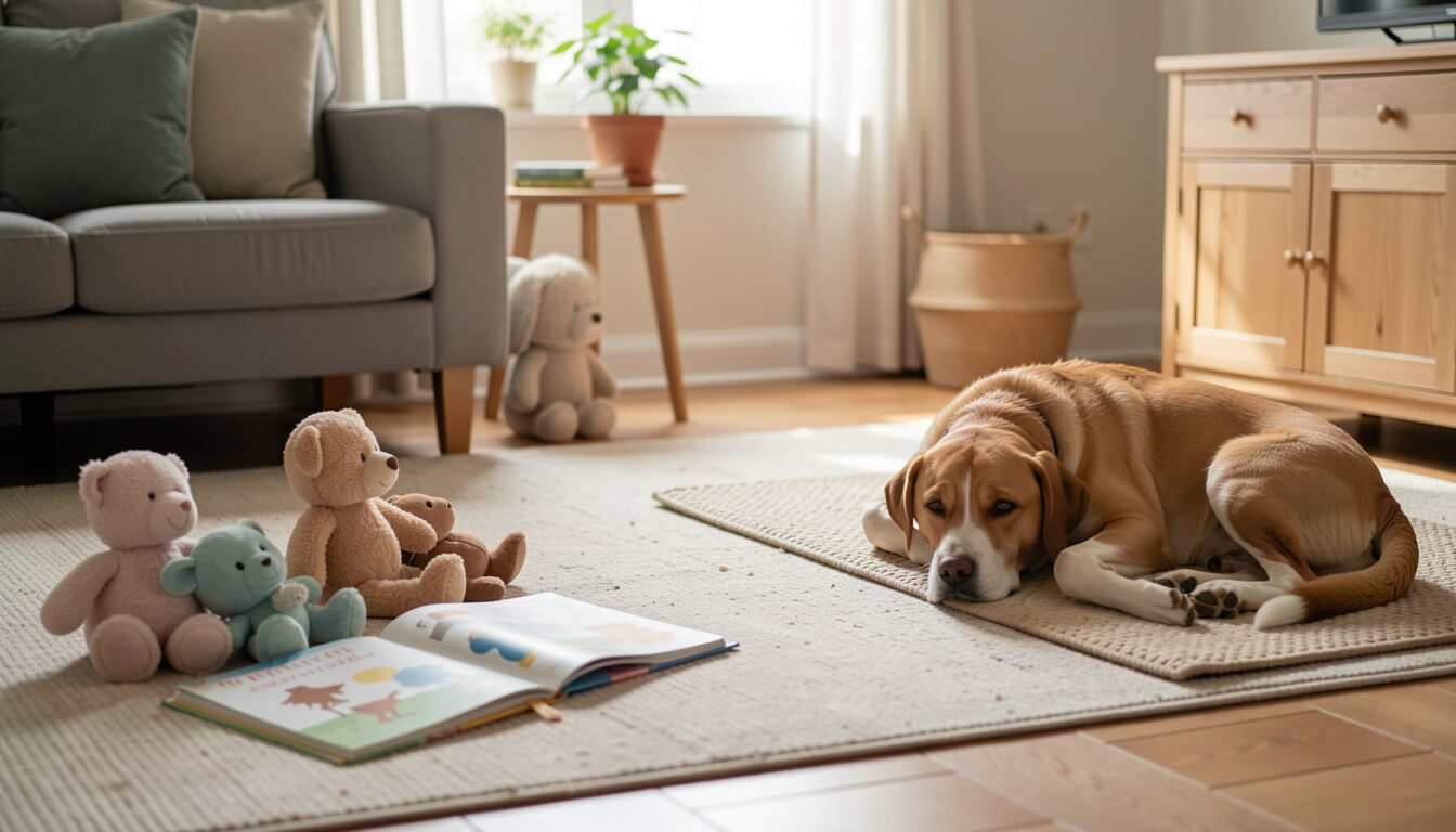 A picture book and soft toys left on a living room rug while a dog rests calmly on a mat nearby.