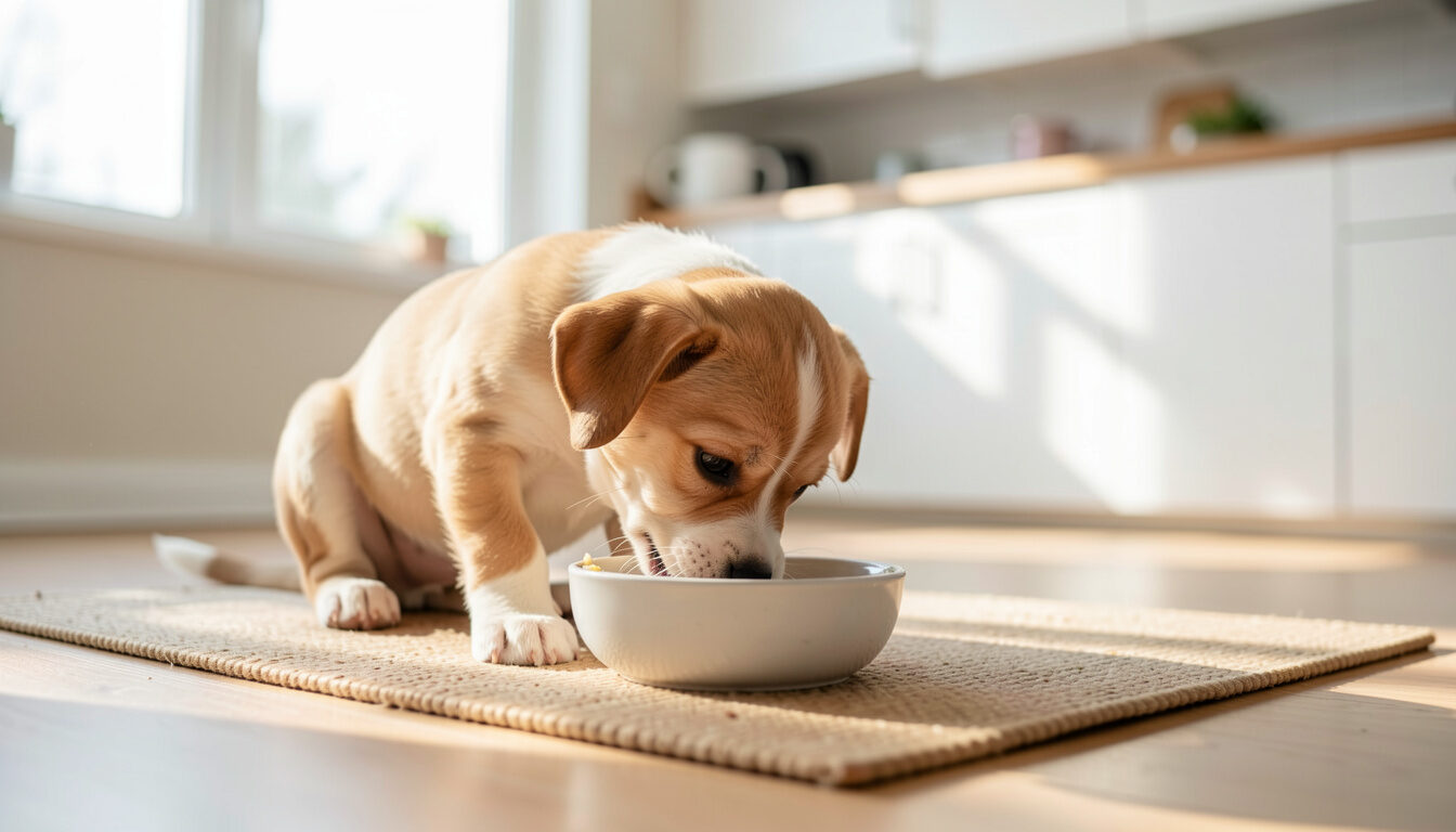 A puppy eating from a bowl on a mat in a bright kitchen in daylight.
