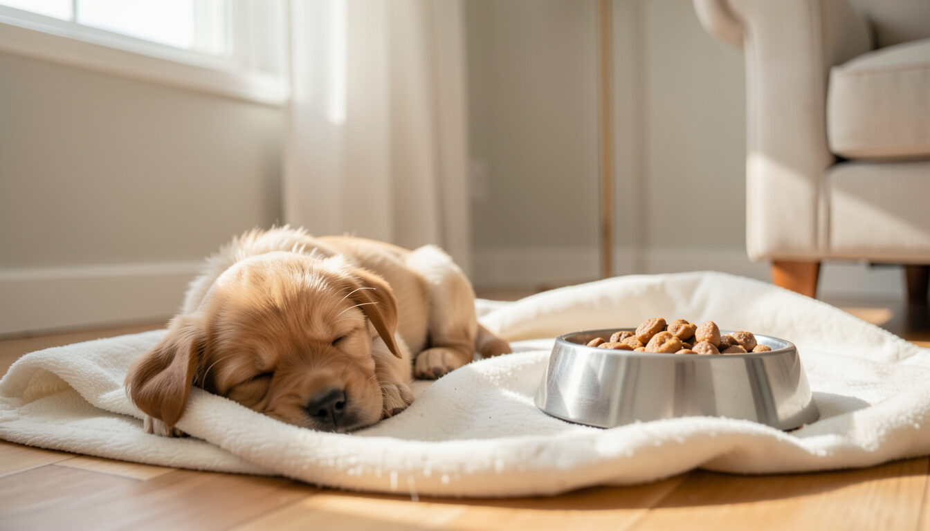 A small puppy napping on a soft blanket beside a food bowl in a bright living room corner.