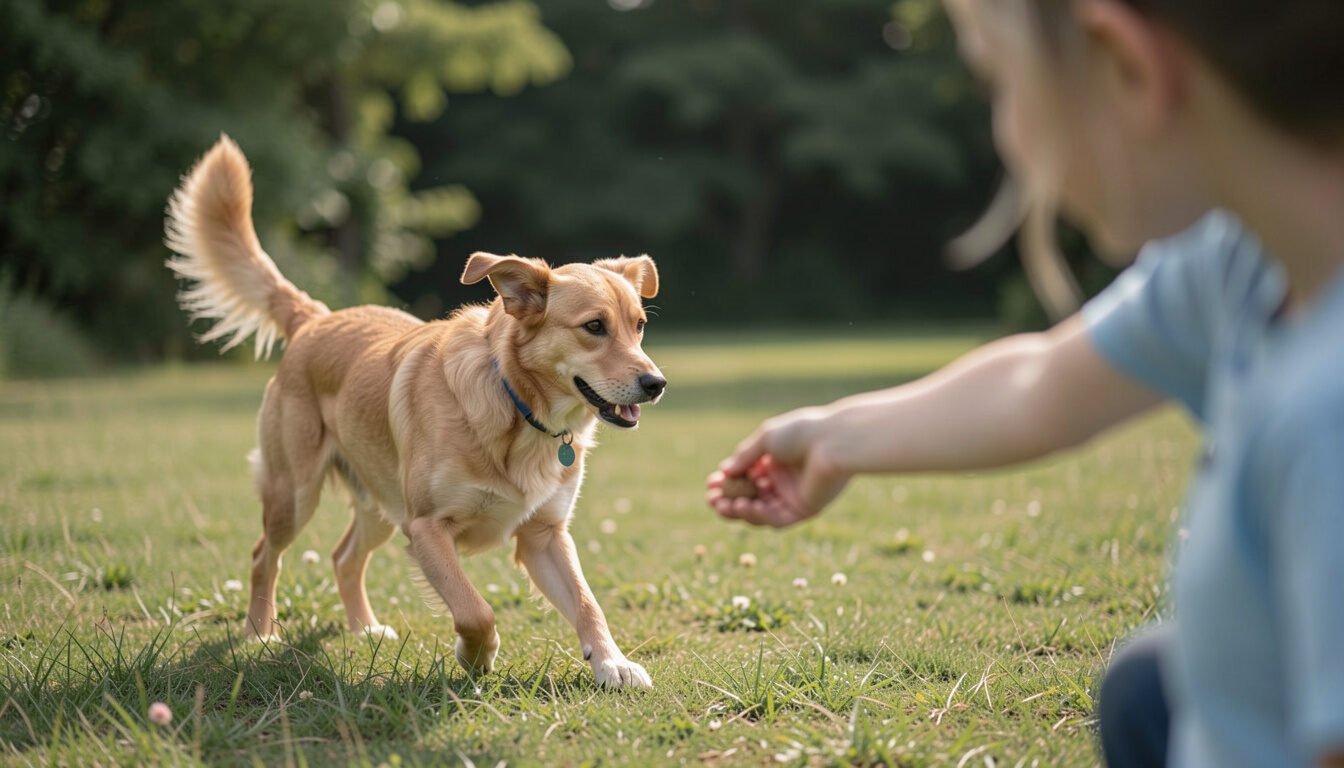 A dog running across a grassy yard toward an outstretched hand holding a treat with faces out of frame.