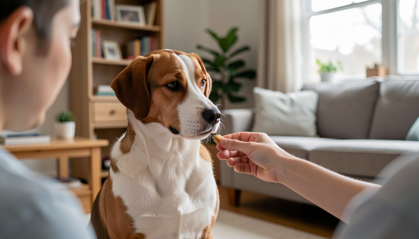 A hand giving a small treat to an attentive sitting dog in a living room with faces out of frame.