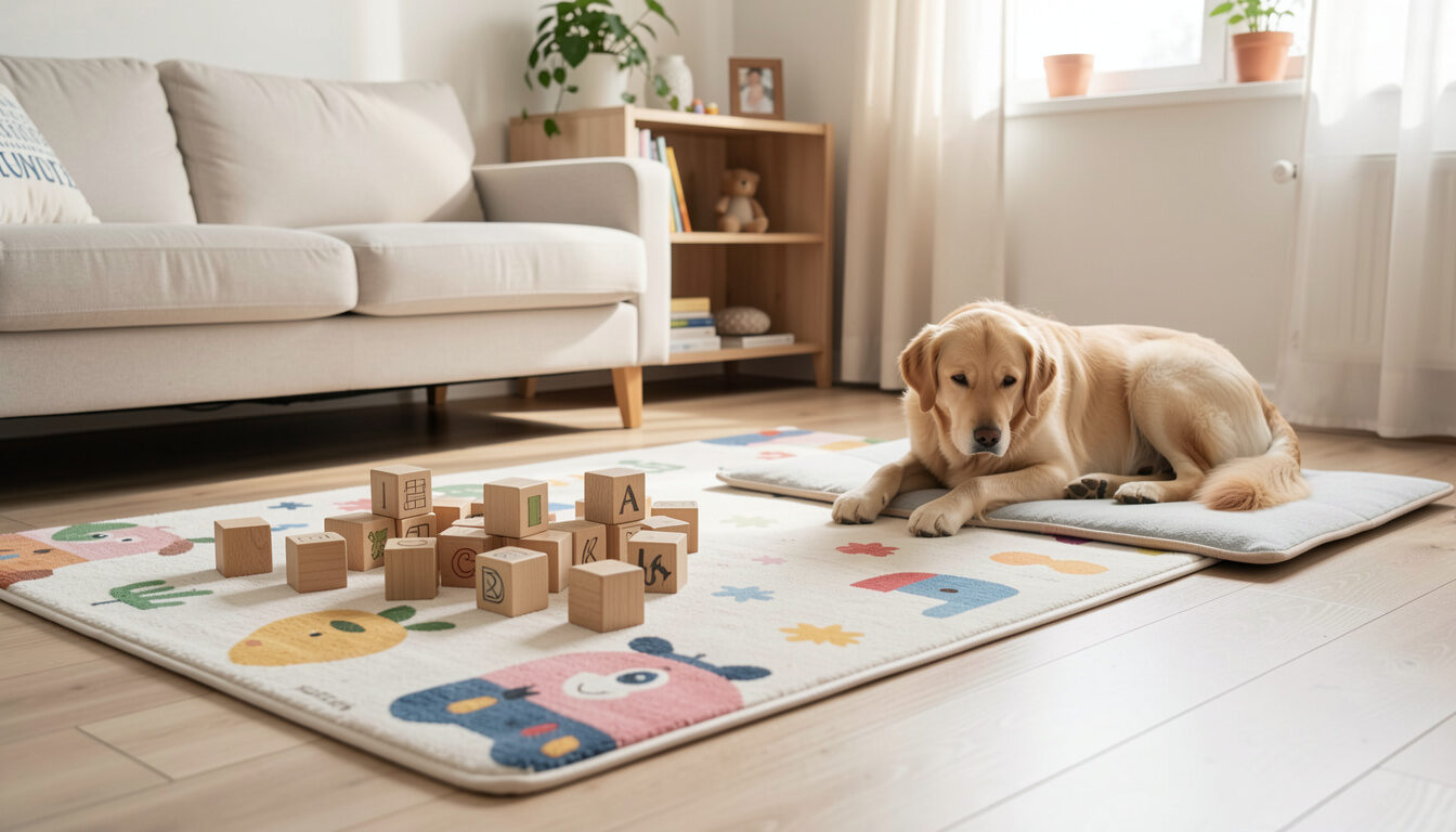 A play rug with wooden blocks in a bright living room while a dog rests on its own mat nearby.