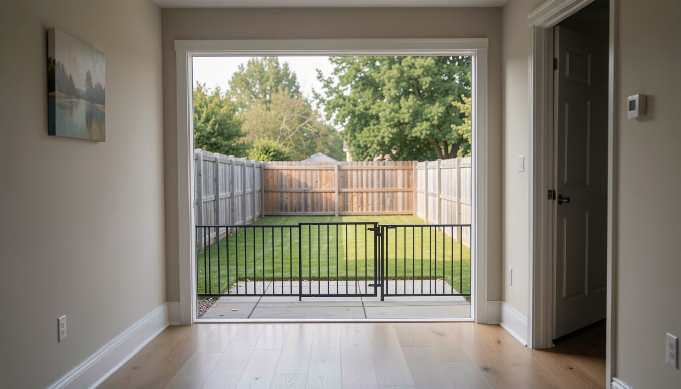 A fenced backyard viewed from a patio with an indoor safety gate across a hallway inside a house.