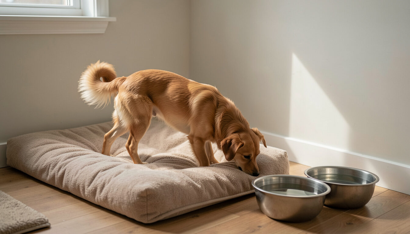 A new dog sniffing a cozy bed beside water bowls in a quiet corner of a calm home.