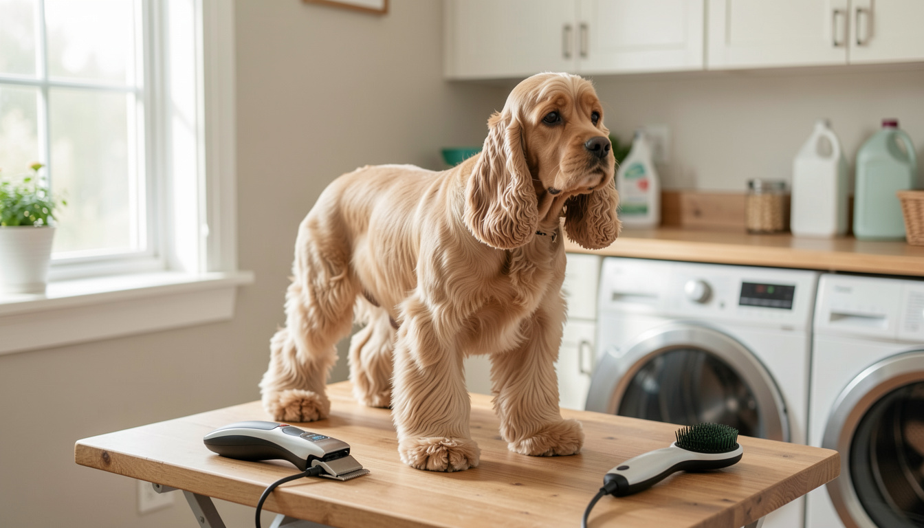A groomed American Cocker Spaniel standing on a wooden grooming table in a bright home laundry room, clippers and a slicker brush beside it, soft window light from the left, medium shot at dog height.'s hand holding a pencil over a lined notebook on a wooden desk, with a soft eraser and a pencil grip nearby, lit by natural window light from the left.