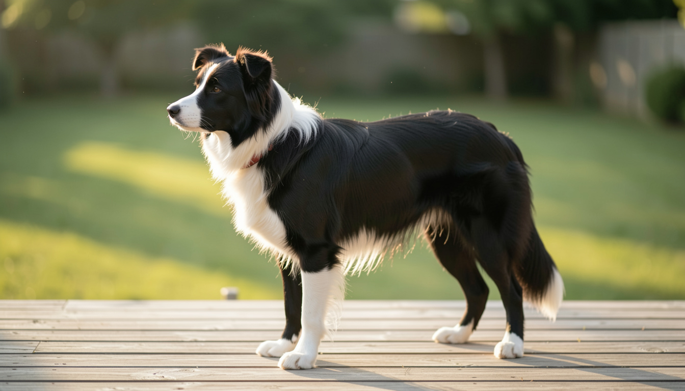 A Border Collie with a black and white coat stands on a wooden deck in soft morning light, facing left, with a blurred green yard behind.'s hand holding a pencil over a lined notebook on a wooden desk, with a soft eraser and a pencil grip nearby, lit by natural window light from the left.