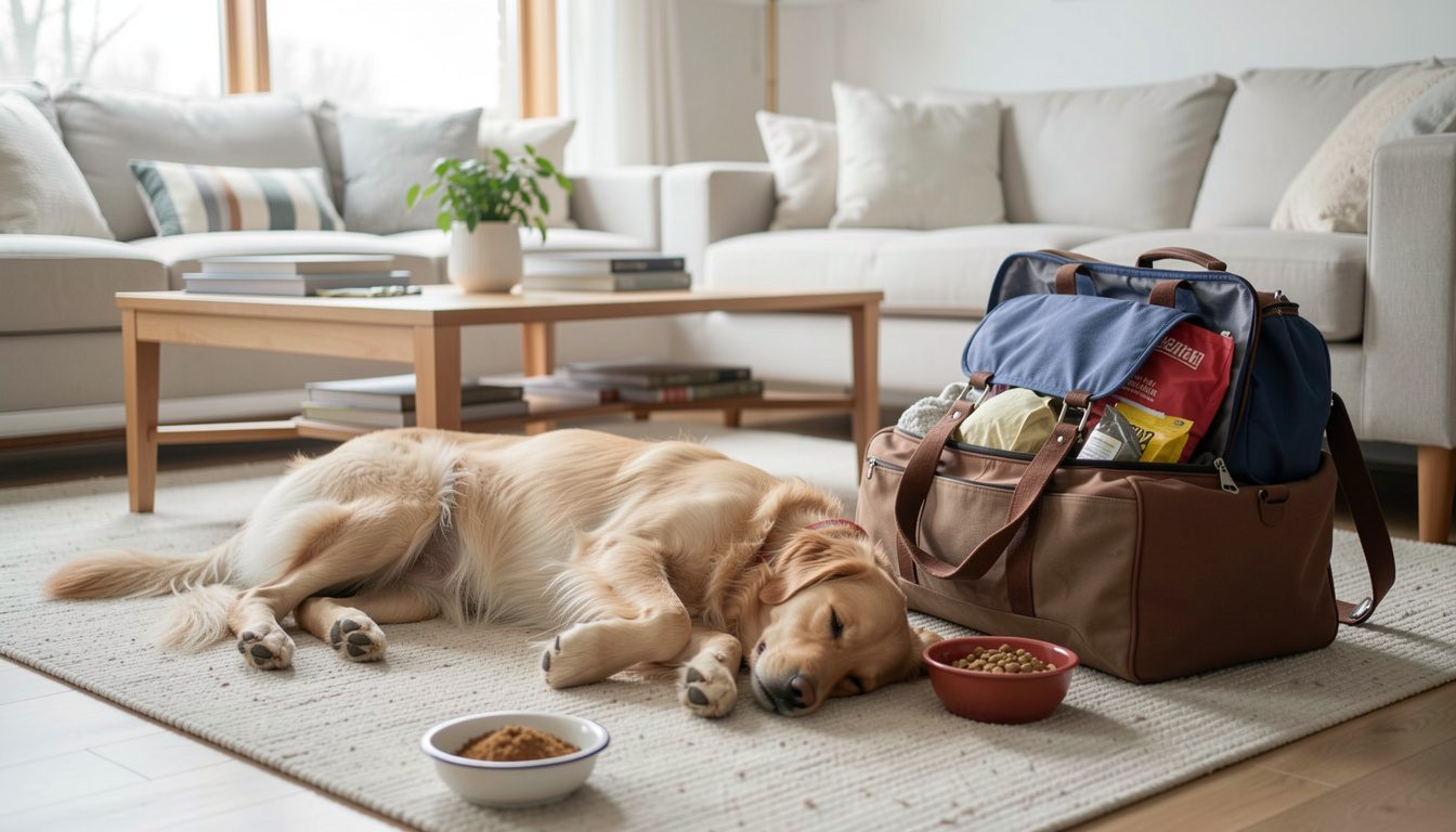 A child playing with blocks on a sofa while a dog lies calmly on a nearby mat with faces out of frame.