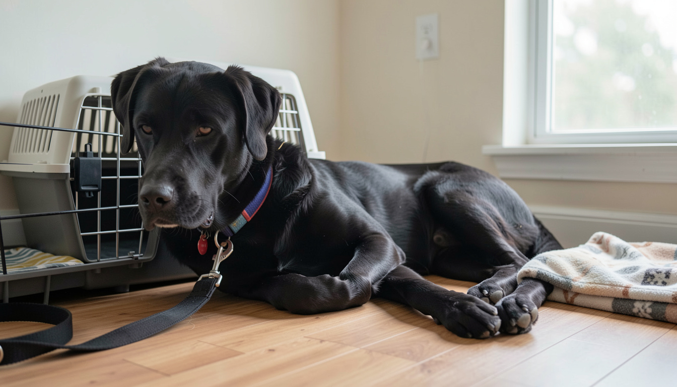 A large black working dog resting on a wooden floor beside a closed training crate, with a leash and a folded blanket nearby, soft daylight from a side window, medium shot at floor level.'s hand holding a pencil over a lined notebook on a wooden desk, with a soft eraser and a pencil grip nearby, lit by natural window light from the left.
